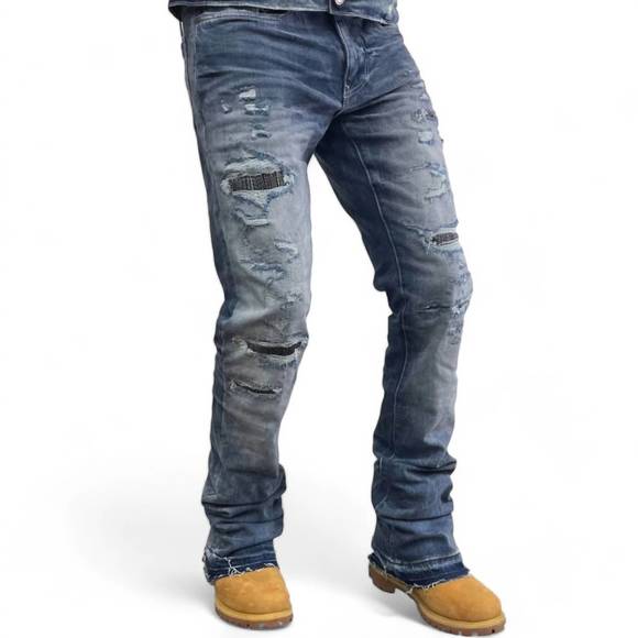 NEW JORDAN CRAIG men's theo slight flare stack denim jean in aged wash - Picture 2 of 2